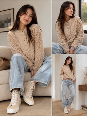 Tommy Hilfiger Beige Textured Henley Crewneck Sweater